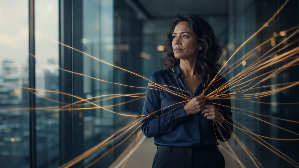 High-achieving woman leader at a crossroads — representing the Exhausted Hero leadership pattern