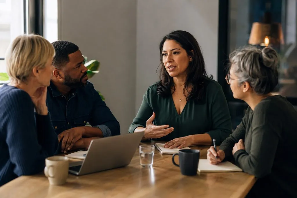 A mid-career woman speaking with quiet authority as diverse colleagues listen: everyday leadership in an ordinary moment