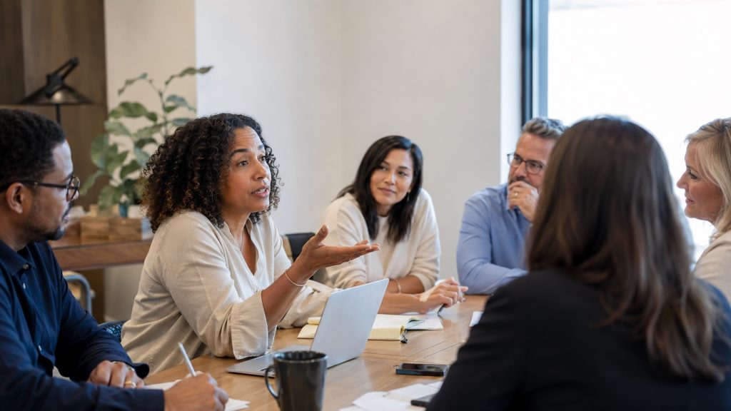 A mid-career woman speaking in a meeting, colleagues turned toward her and visibly engaged with what she is saying.
